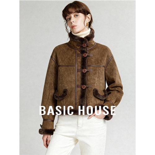 Basic House/百家好25立领纯色短款羊羔毛外套女加厚保暖百搭上衣