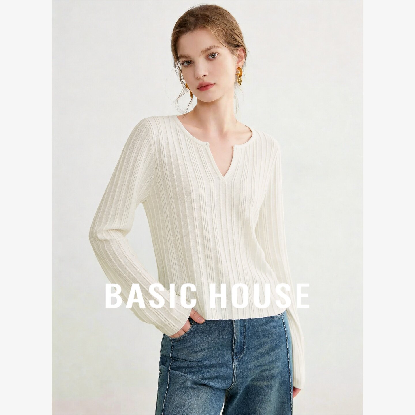 Basic House/百家好极简V领羊毛针织衫女装长袖修身百搭温柔上衣