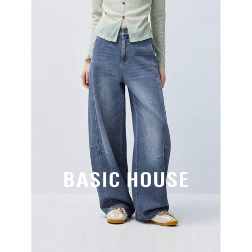 Basic House/百家好复古高腰阔腿牛仔裤女蓝色垂感直筒裤显瘦百搭
