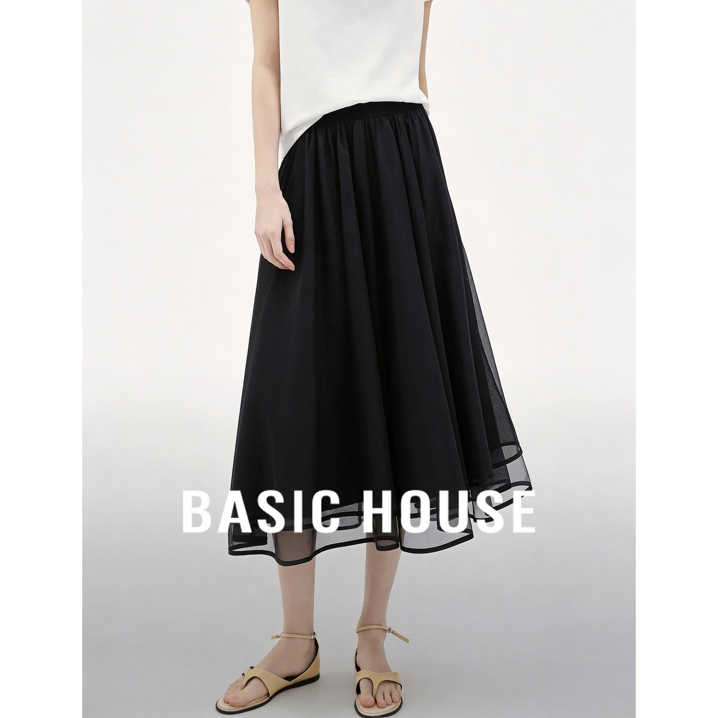 Basic House/百家好黑色高腰宽松显瘦半身裙女夏季极简风A字纱裙