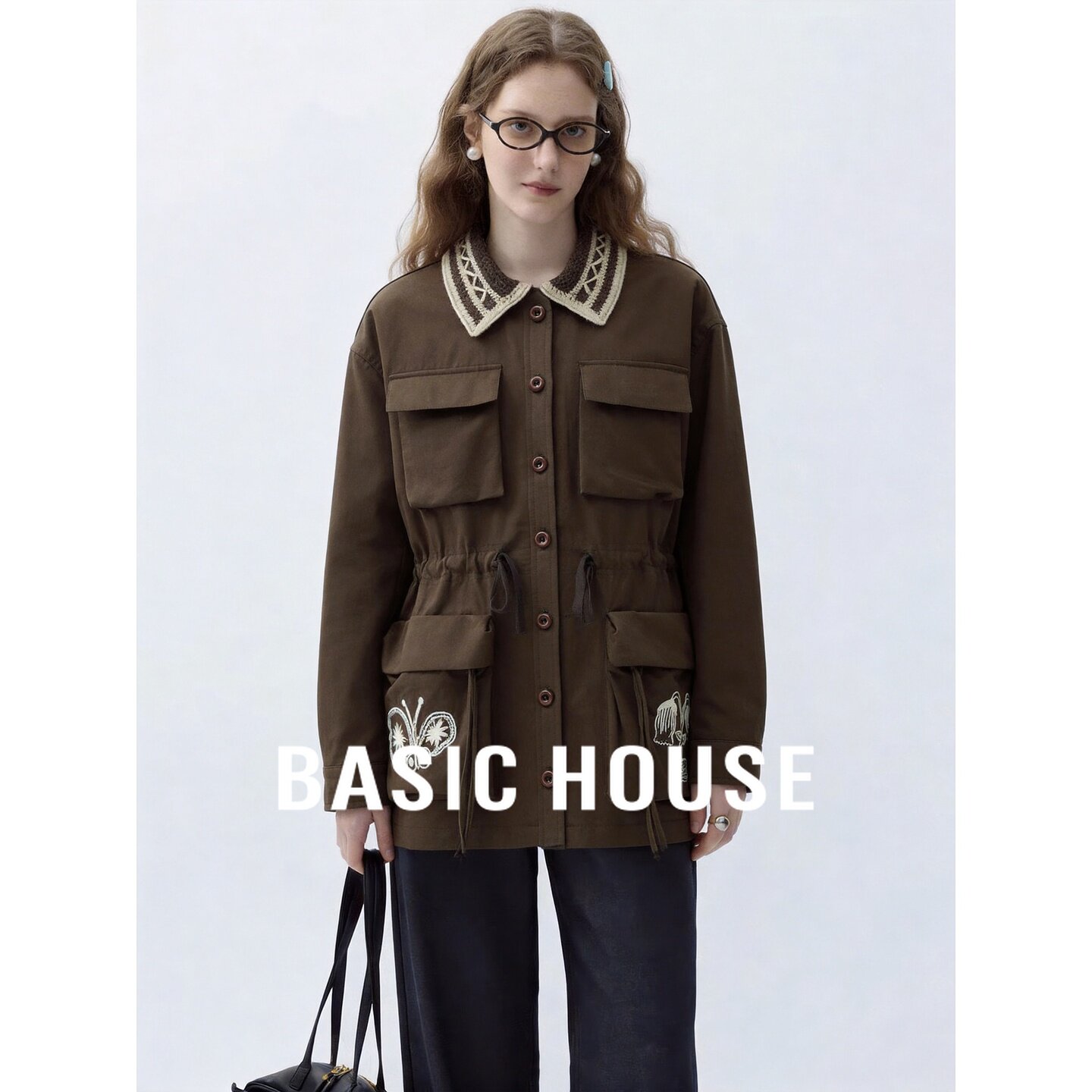 Basic House/百家好复古咖色翻领多口袋纯棉短外套女2026秋季新款