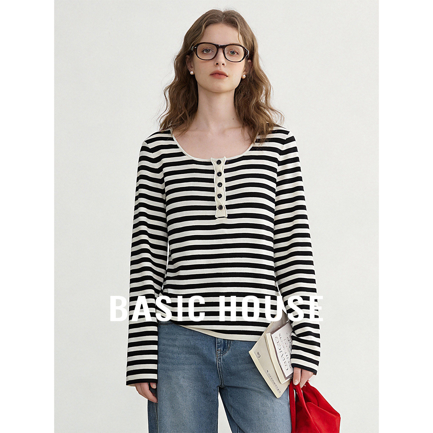 Basic House/百家好经典黑白条纹针织衫女秋季圆领半开襟设计上衣