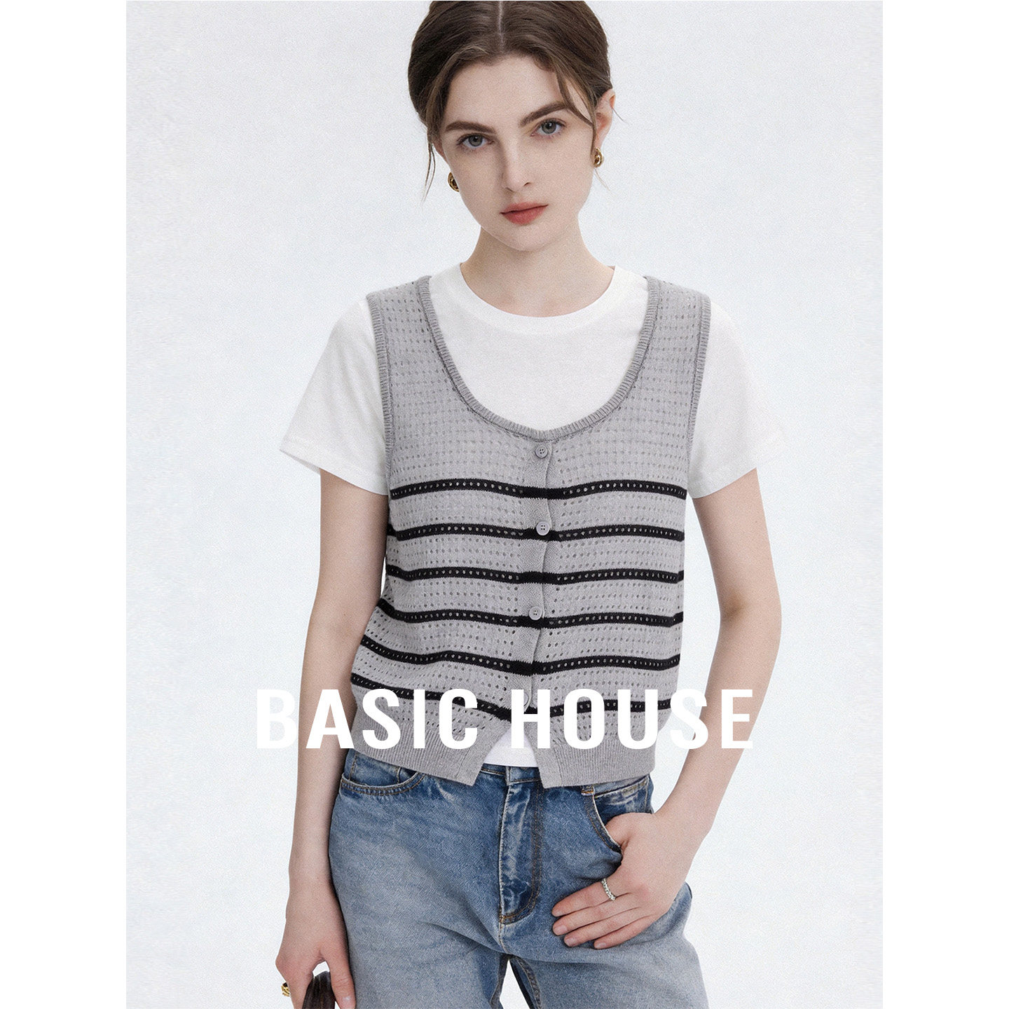 Basic House/百家好假两件条纹短袖针织衫夏季流行套头撞色上衣女