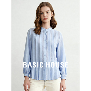女春季 百家好蓝色圆领拼接衬衫 单排扣小众设计上衣 House Basic
