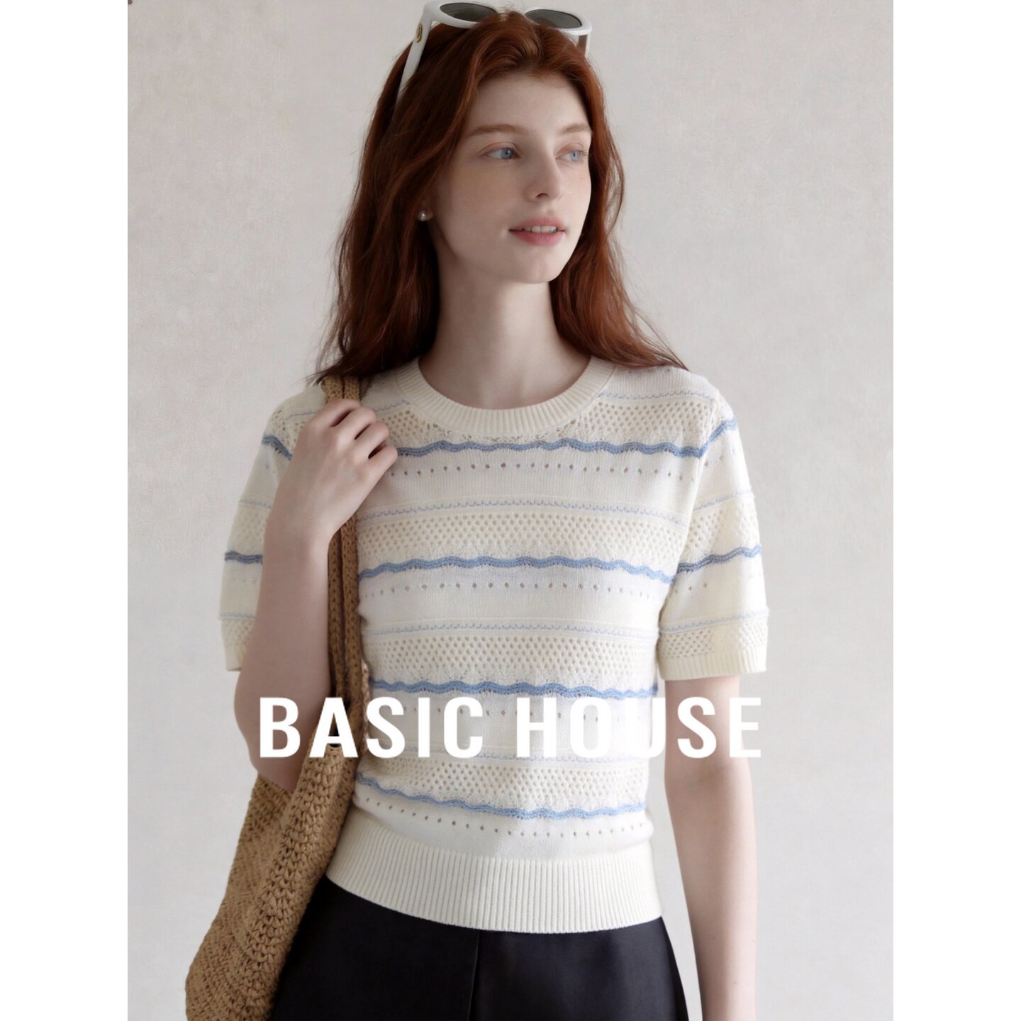 Basic House/百家好时尚薄款条纹针织衫女2026夏新款圆领镂空短袖