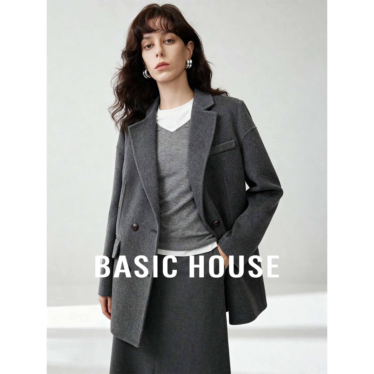 Basic House/百家好绵羊毛中长款双面呢大衣秋冬新款V领毛呢外套