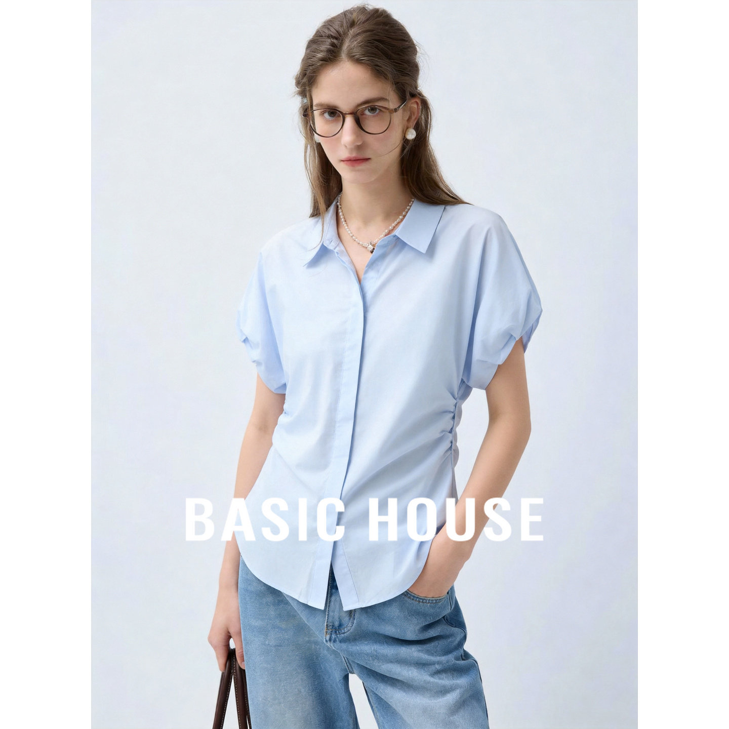 Basic House/百家好韩系气质暮光蓝色泡泡袖上衣收腰显瘦百搭衬衫