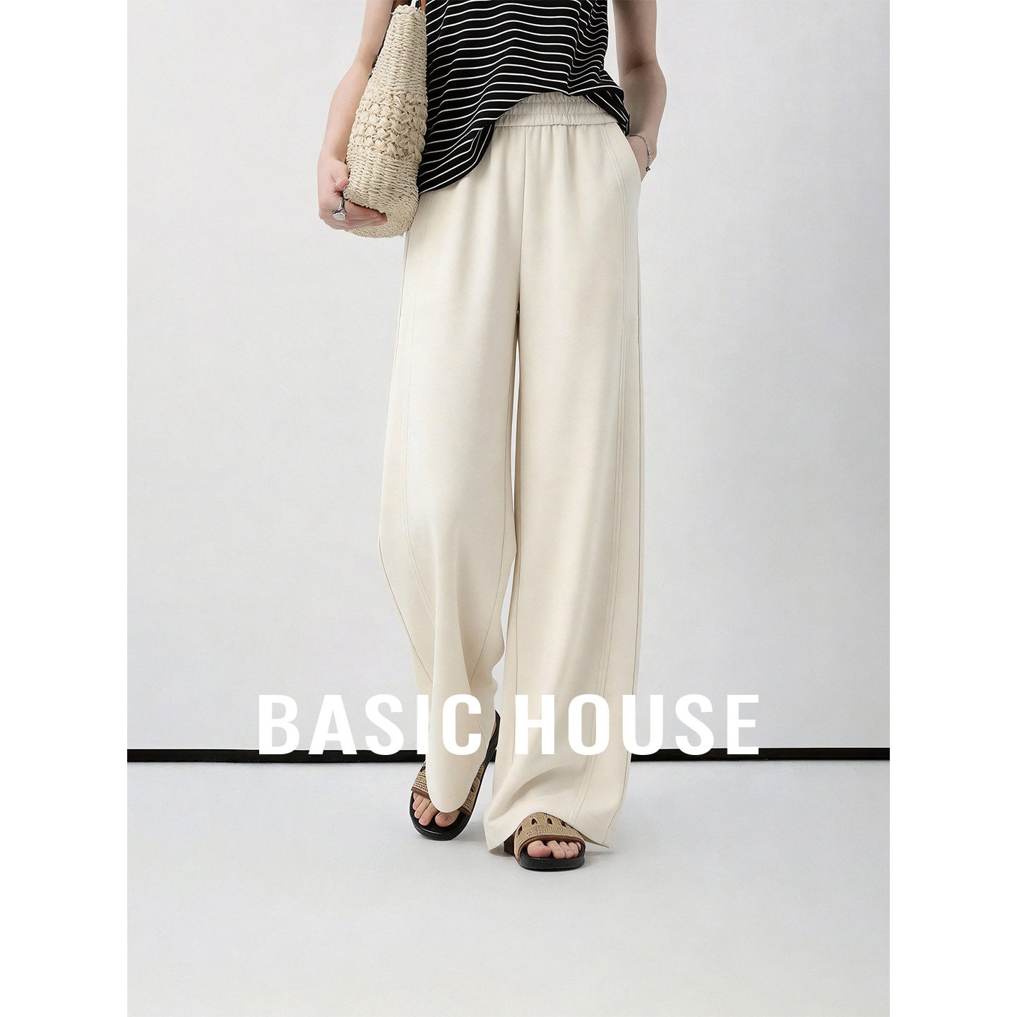 Basic House/百家好米色高腰休闲裤女夏季新款舒适百搭直筒长裤
