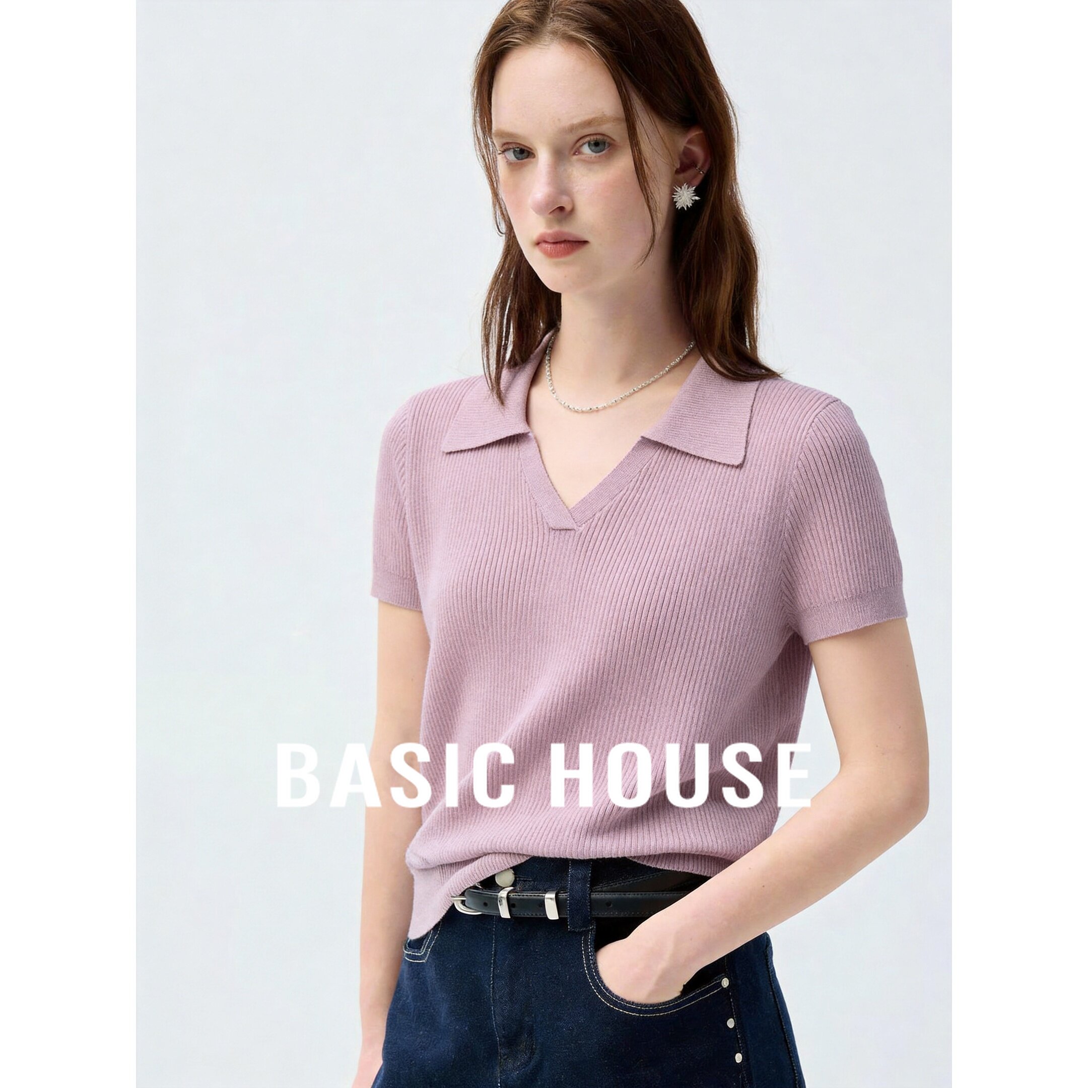 Basic House/百家好藕粉色polo领短袖针织衫女夏修身显瘦翻领上衣
