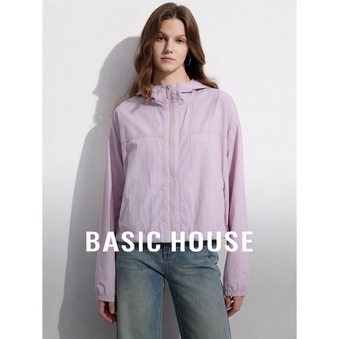 Basic House/百家好极简风紫色连帽外套女轻薄防晒衣宽松抽绳