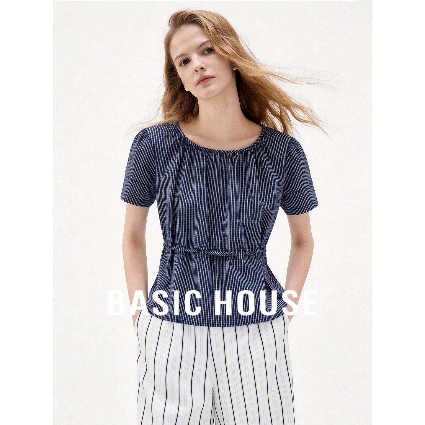 Basic House/百家好蓝色格子衬衫女短袖抽绳收腰短款上衣夏季新款