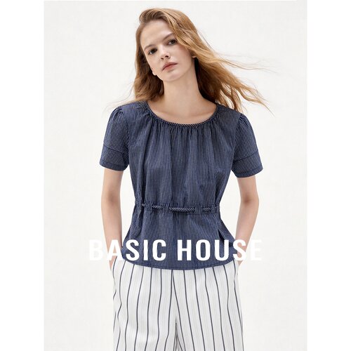 Basic House/百家好蓝色格子衬衫女短袖抽绳收腰短款上衣夏季新款