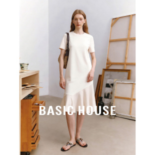 中长款 百家好纯色不规则拼接连衣裙春夏圆领短袖 裙子 House Basic
