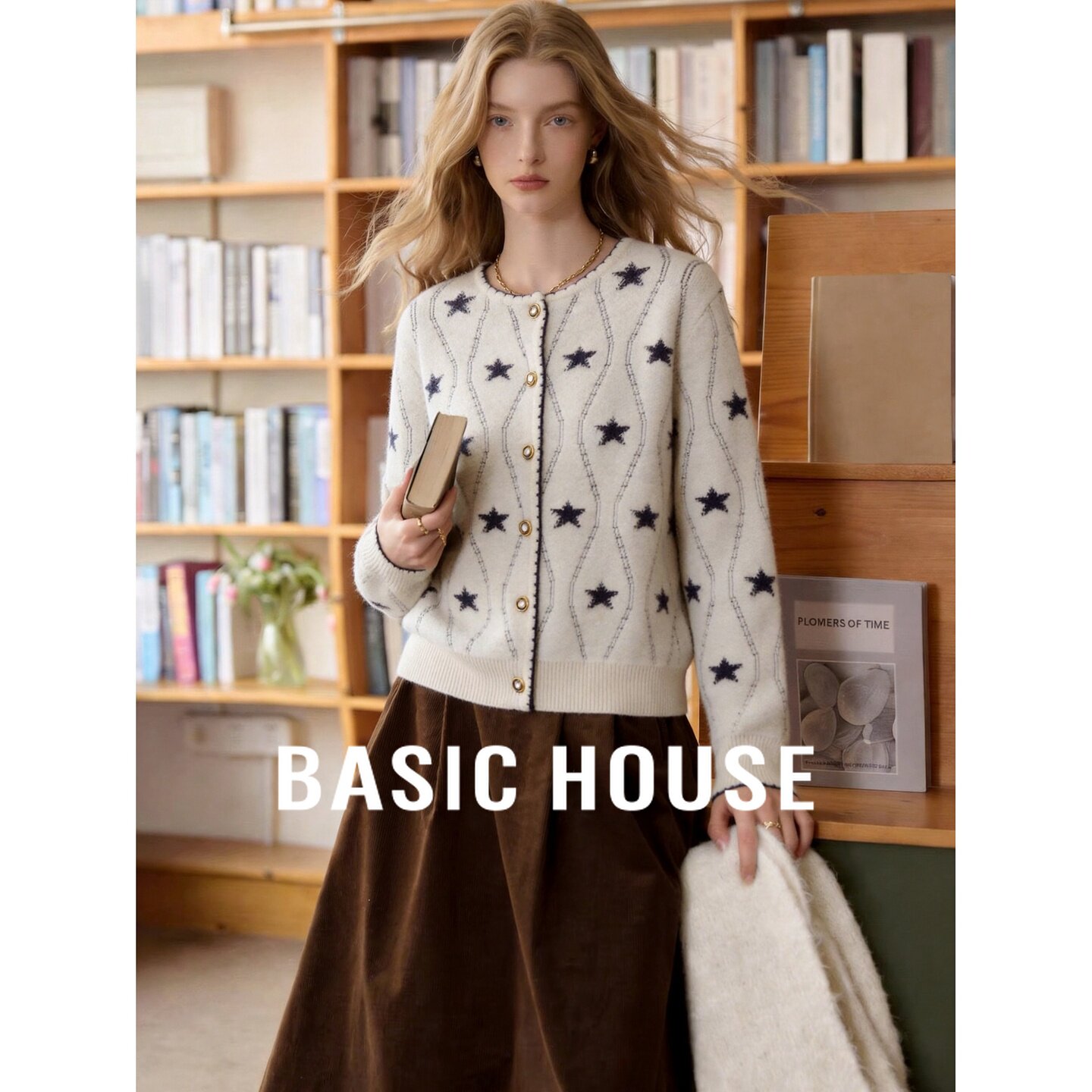 Basic House/百家好温柔风圆领星星毛衣女开衫百搭气质针织衫外套