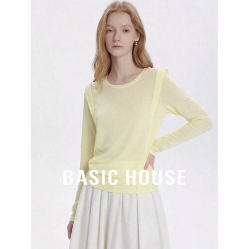 Basic House/百家好韩系黄色长袖T恤女薄款宽松显瘦防晒衫上衣
