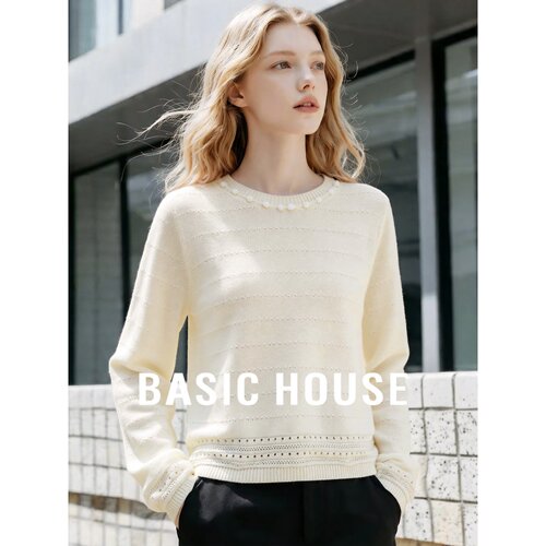 Basic House/百家好26年秋季新款圆领莱赛尔镂空针织衫女长袖上衣