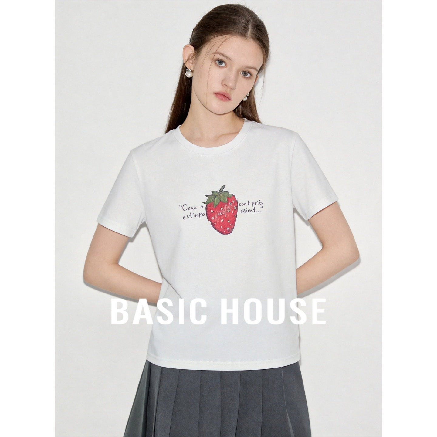 Basic House/百家好白色简约休闲短袖T恤女2026夏季圆领套头上衣