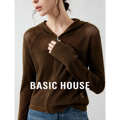 Basic House/百家好百搭镂空透气针织开衫宽松连帽短款流行上衣女