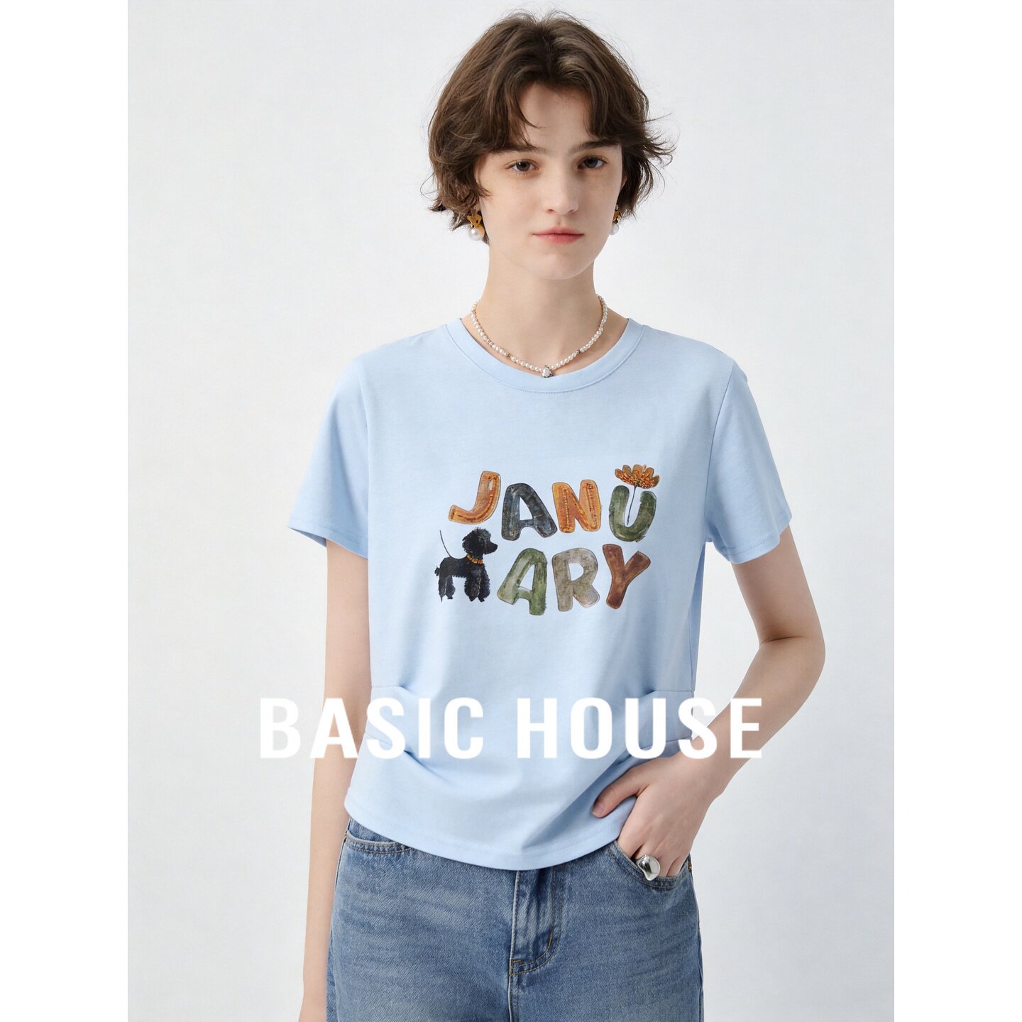 Basic House/百家好卡通风浅蓝色字母印花短袖T恤女夏设计感上衣