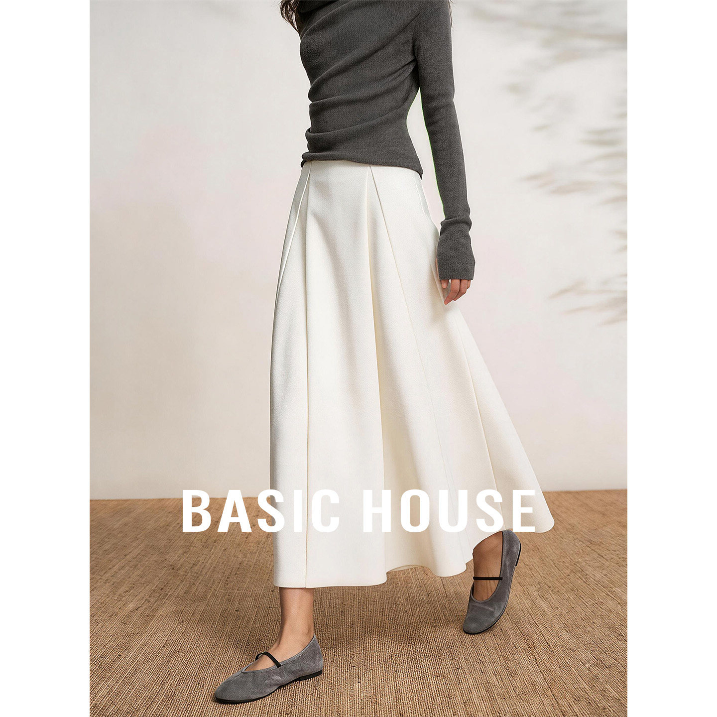 Basic House/百家好2026秋新款高腰A字半身裙简约纯色中长款裙子