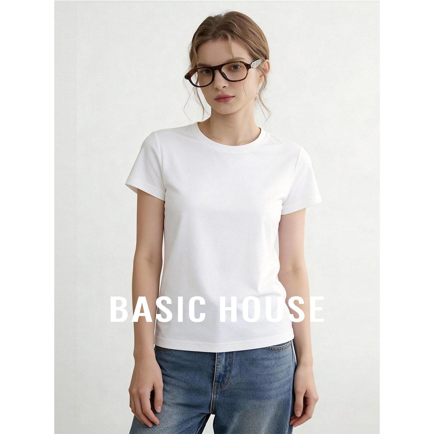 Basic House/百家好纯色圆领短袖T恤女26夏季莱赛尔宽松短款上衣