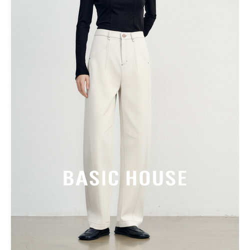 Basic House/百家好经典高腰水洗牛仔裤时髦松弛弯刀宽松长腿裤子