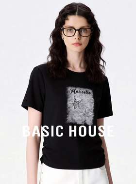 Basic House/百家好圆领印花短袖T恤女春季小众设计感百搭上衣
