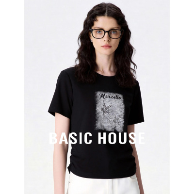 Basic House/百家好圆领印花短袖T恤女26夏季设计感收腰抽褶上衣