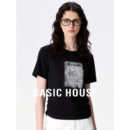 Basic House/百家好圆领印花短袖T恤女26夏季小众设计感百搭上衣
