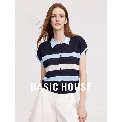 Basic House/百家好条纹拼色翻领短袖针织衫女百搭显瘦藏青色上衣