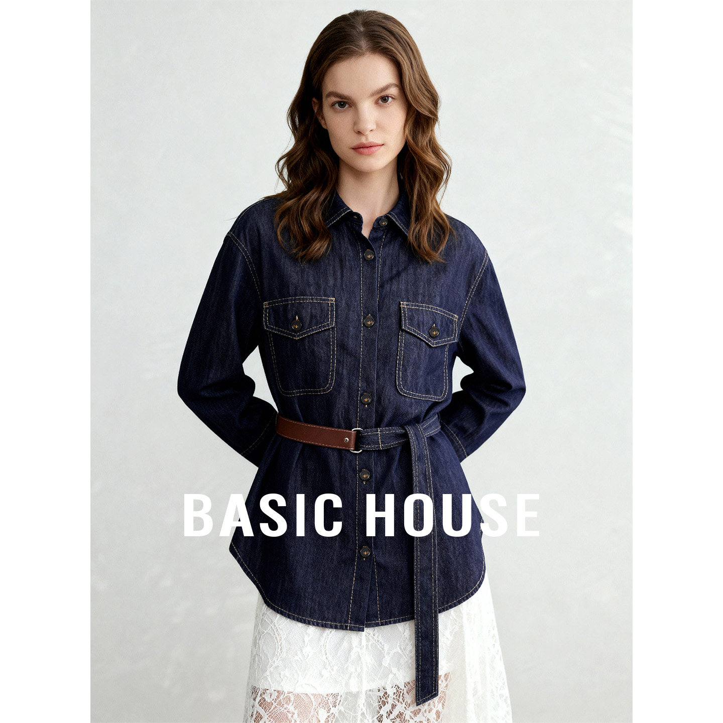 Basic House/百家好蓝色polo领收腰衬衫女春季小众设计百搭上衣,女装/女士精品,衬衫,淘宝优惠券,粉丝福利购,淘宝优惠卷