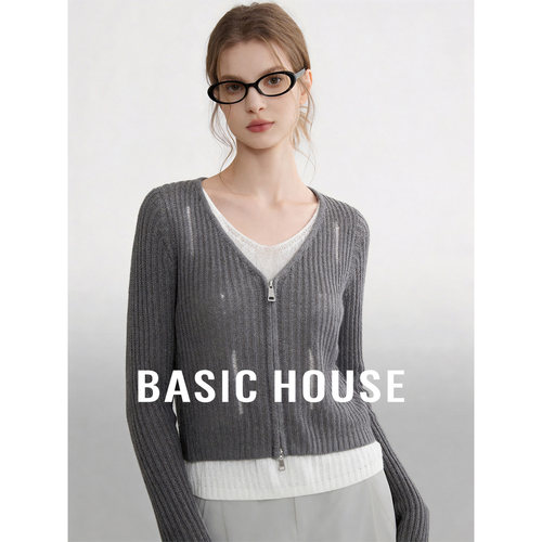 Basic House/百家好撞色V领假两件针织衫女夏季拼接长袖宽松上衣