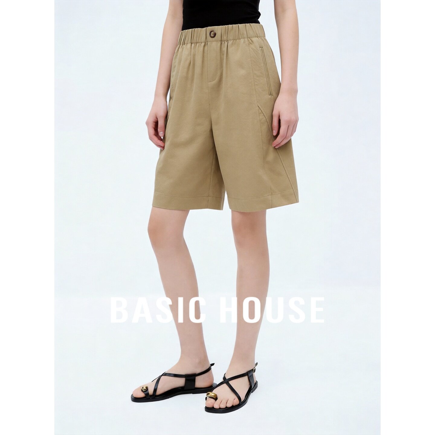 Basic House/百家好卡其色高腰简约直筒七分裤女百搭透气休闲裤
