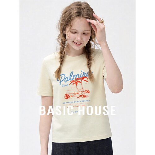 Basic House/百家好亚麻短袖T恤女夏季舒适透气字母印花百搭上衣