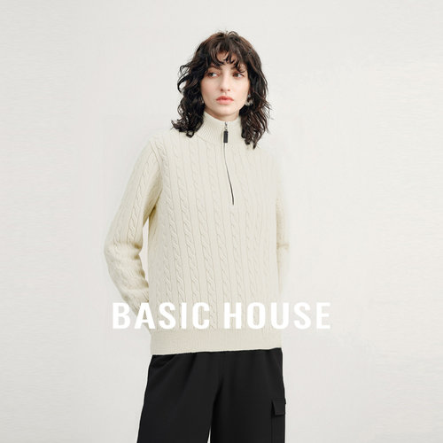 Basic House/百家好时尚立领半拉链套头毛衣绞花柔软绵羊毛上衣女
