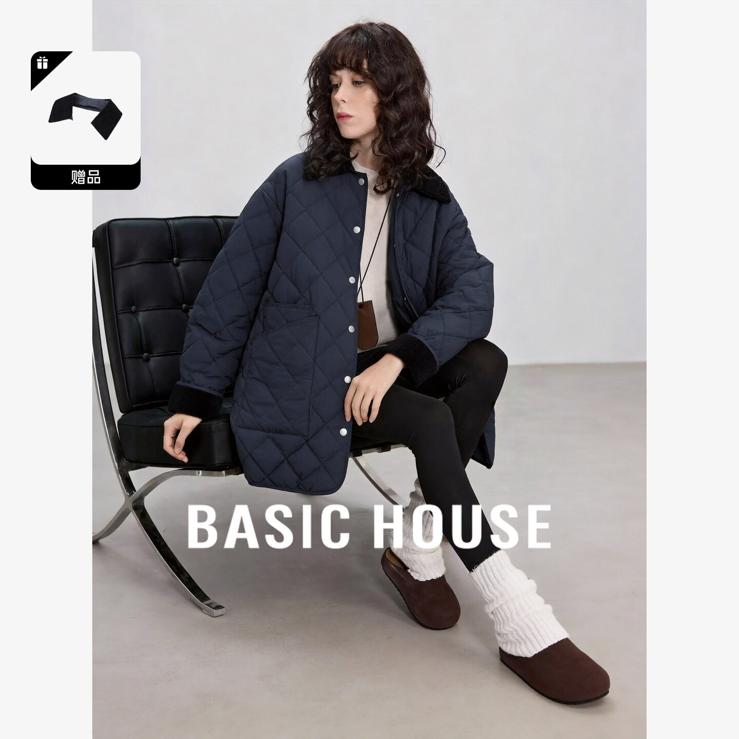 Basic House/百家好菱格绗缝羽绒服女中长翻领拼接复古设计感外套