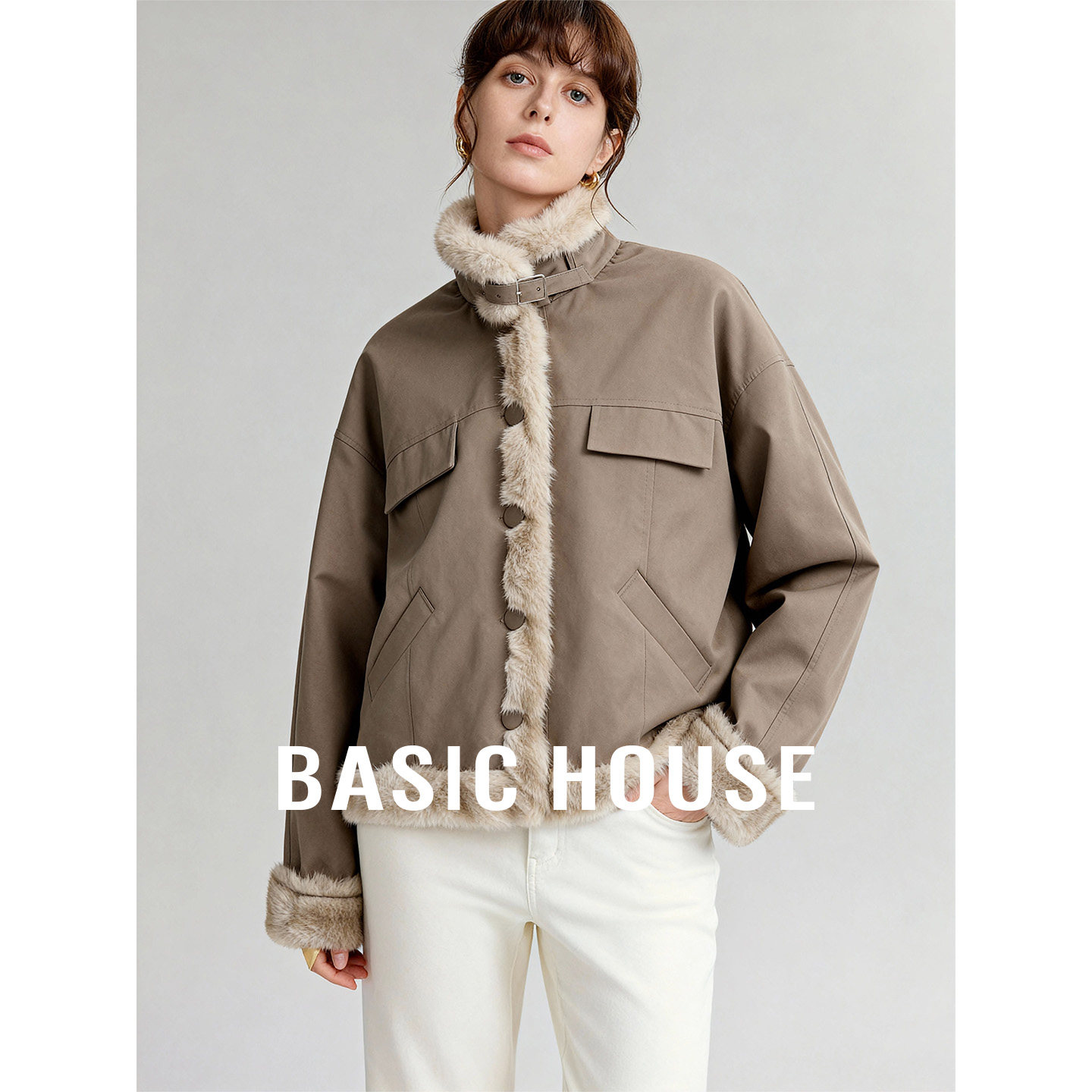 Basic House/百家好立领加厚双面穿毛毛外套女冬新款百搭短款外套