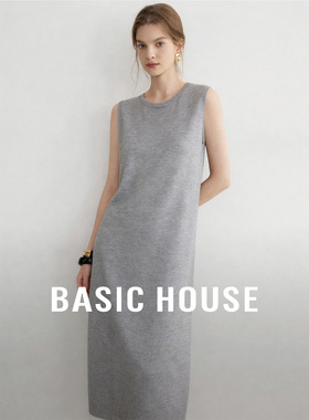 Basic House/百家好灰色圆领无袖连衣裙女夏季简约中长款透气长裙