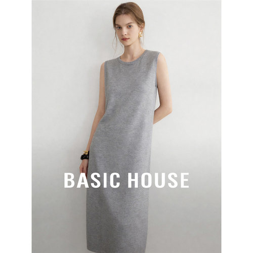 Basic House/百家好灰色圆领无袖连衣裙女夏季简约中长款透气长裙