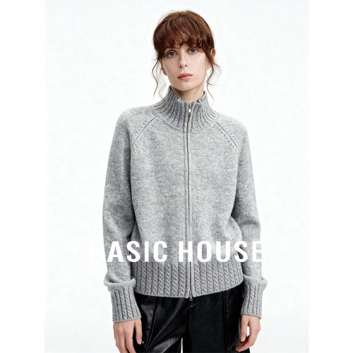 Basic House/百家好半高领灰色拉链开衫女秋季简约慵懒风宽松上衣