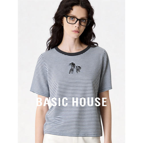 Basic House/百家好复古条纹短袖T恤女夏季圆领撞色领刺绣针织衫