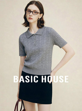 Basic House/百家好polo领修身显瘦短款针织衫女2026新款短袖上衣