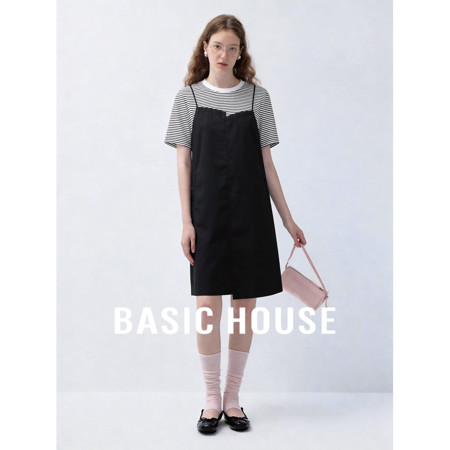 Basic House/百家好假两件吊带连衣裙黑色条纹拼接中长纯棉直筒裙