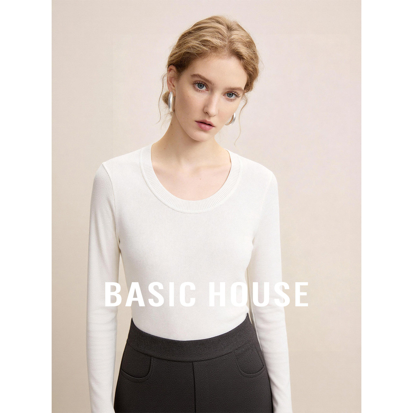Basic House/百家好圆领内搭针织衫2026春季新款白色可外穿打底衫