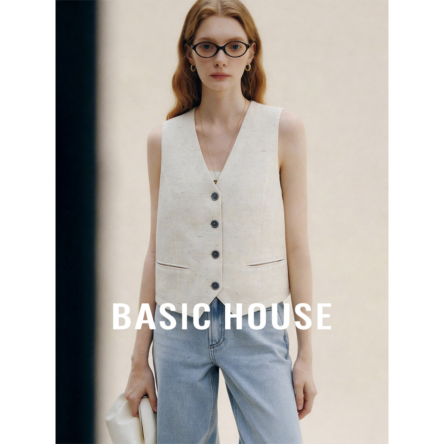 Basic House/百家好莱赛尔马甲背心女秋新款通勤V领外穿无袖上衣