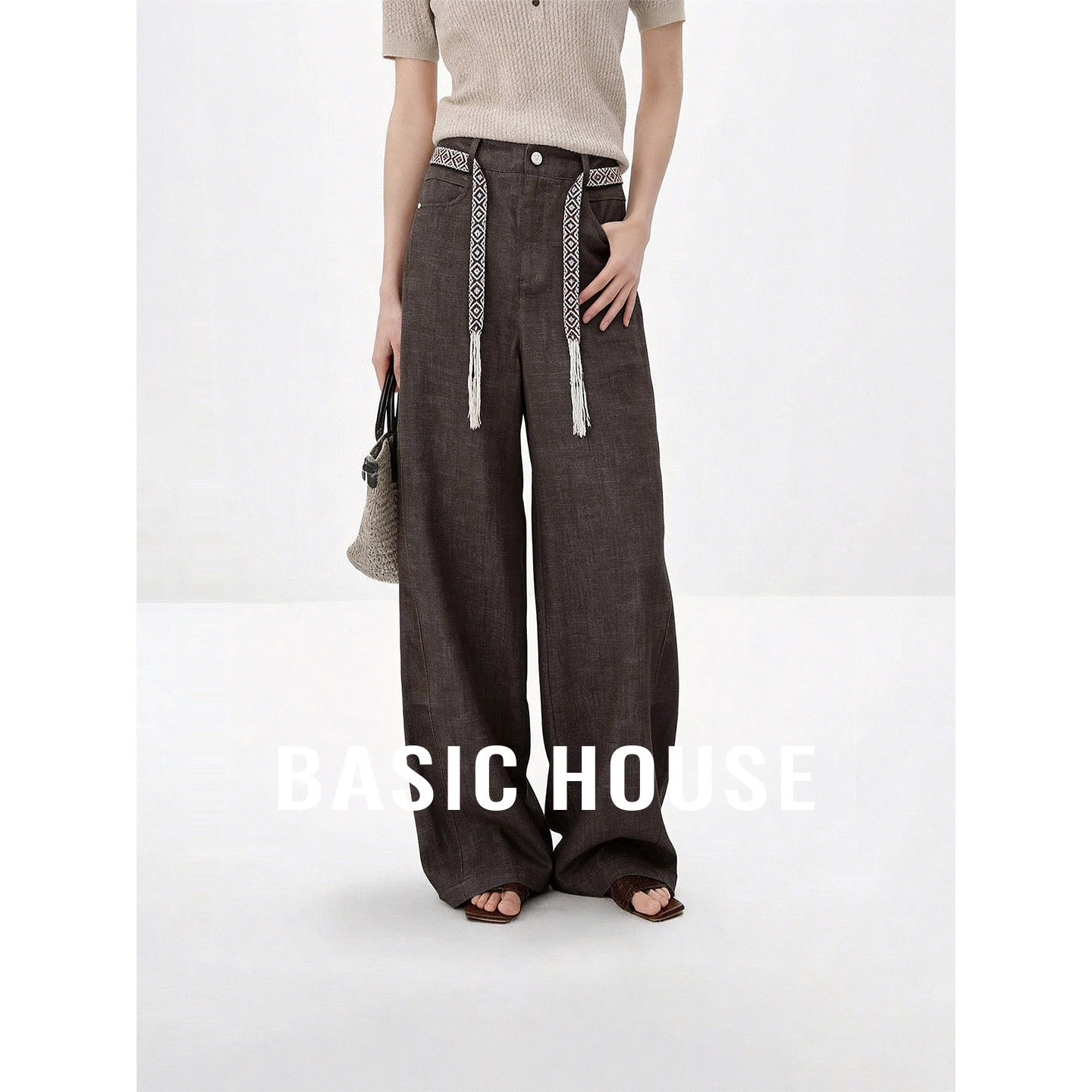 Basic House/百家好慵懒松紧腰抽绳阔腿裤女夏季宽松腰带休闲长裤