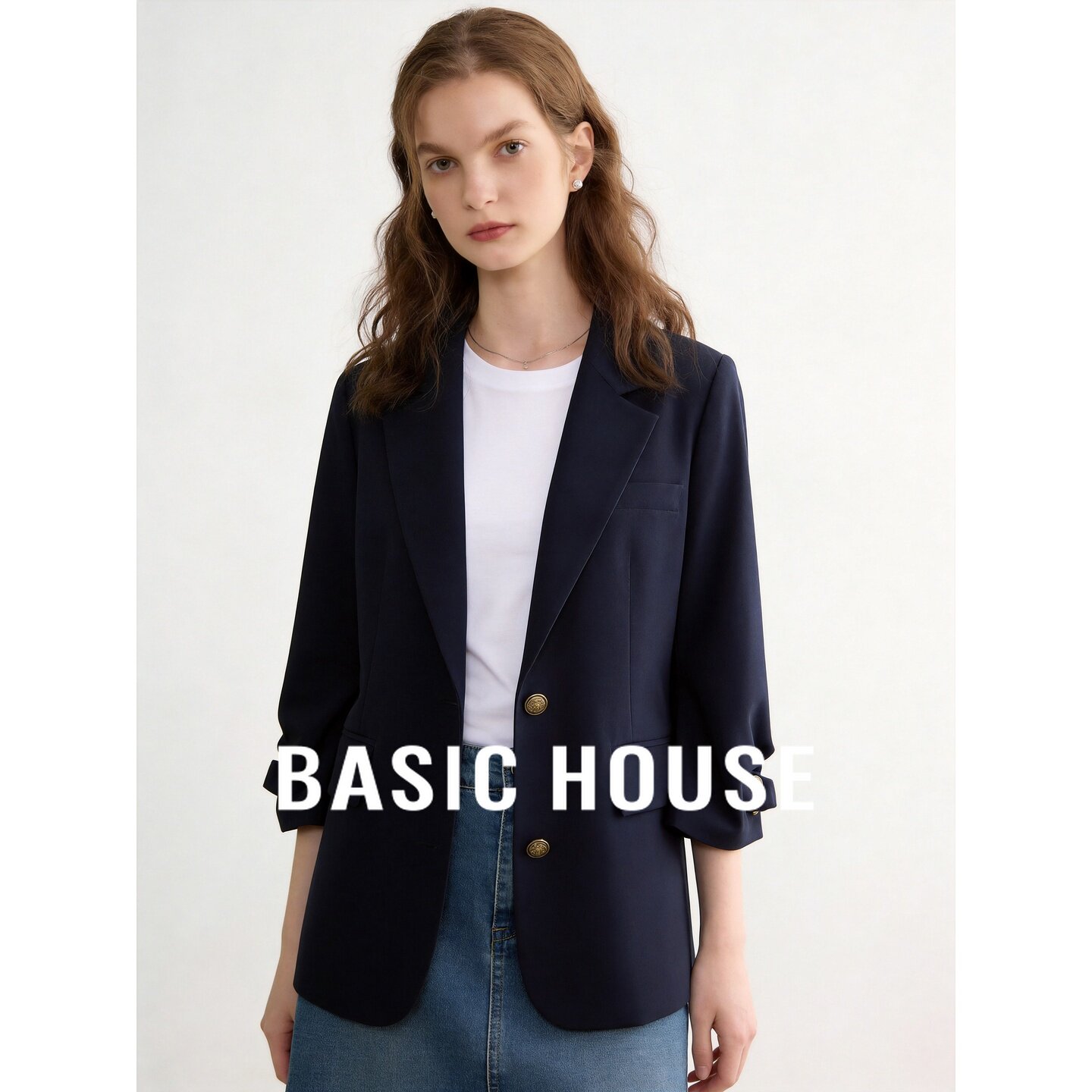 Basic House/百家好藏青色西装外套女秋气质显瘦百搭通勤正装上衣