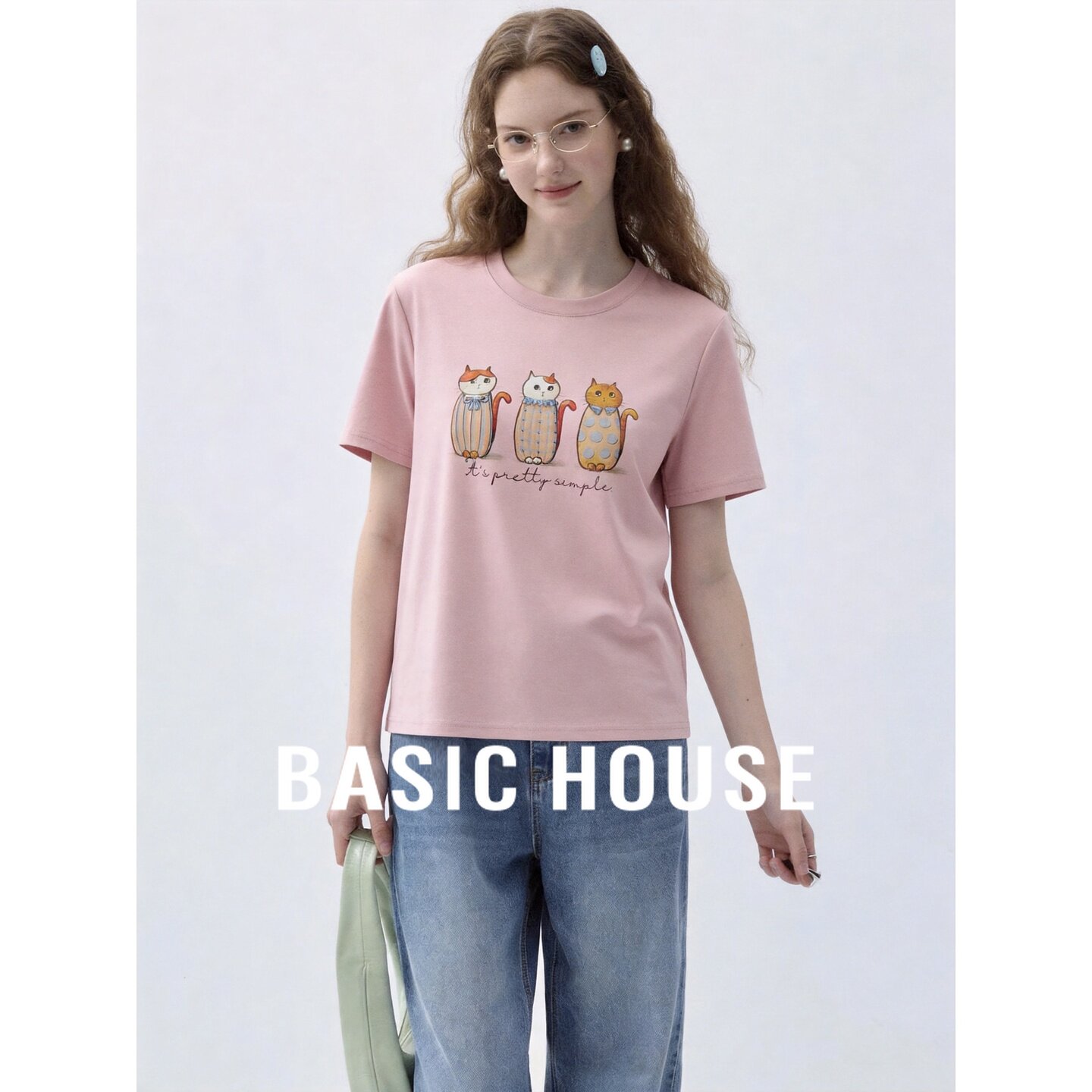 Basic House/百家好粉色休闲猫咪印花短袖T恤女夏季宽松显瘦上衣