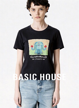 Basic House/百家好黑色时尚小象图案印花短袖百搭休闲风圆领T恤