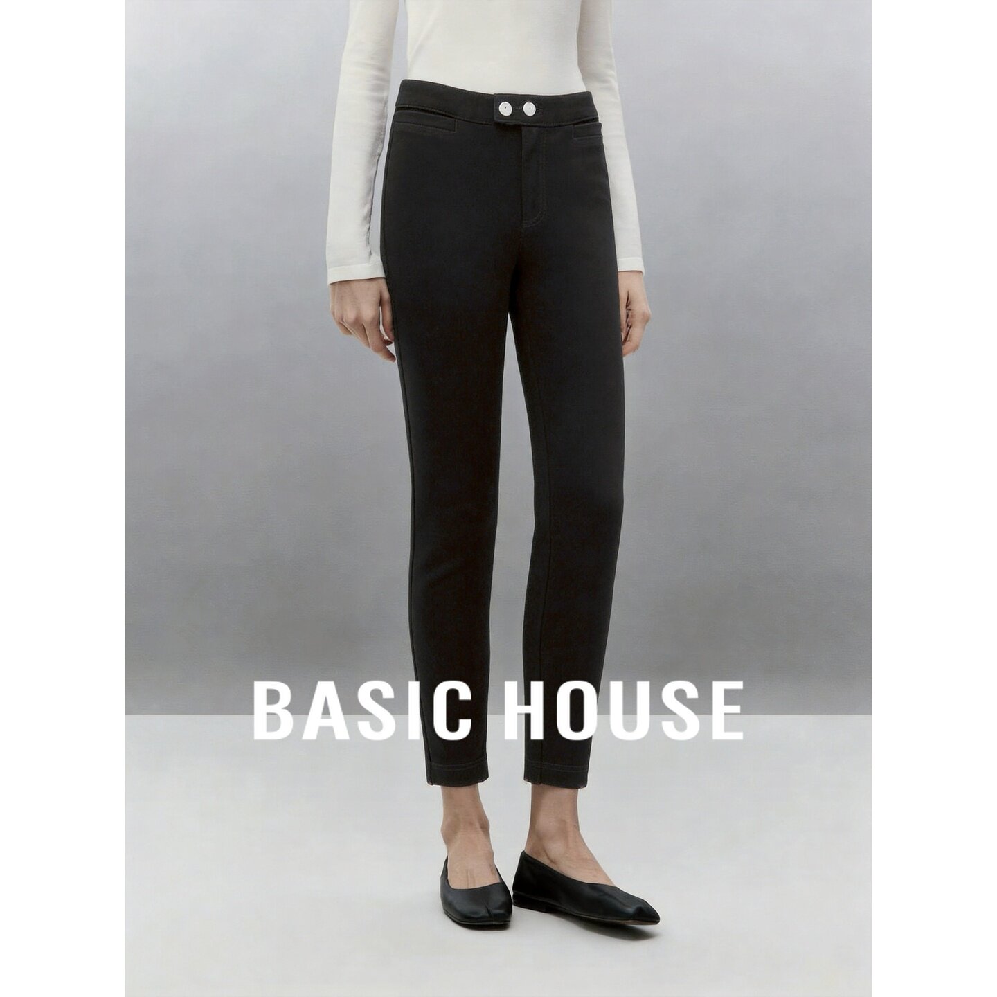 Basic House/百家好高腰修身九分小脚裤黑色极简女装双扣设计新款